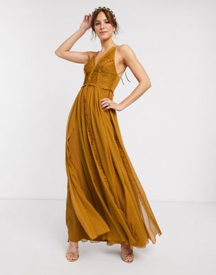 asos design cami maxi dress in crinkle chiffon with lace waist and strappy back detail