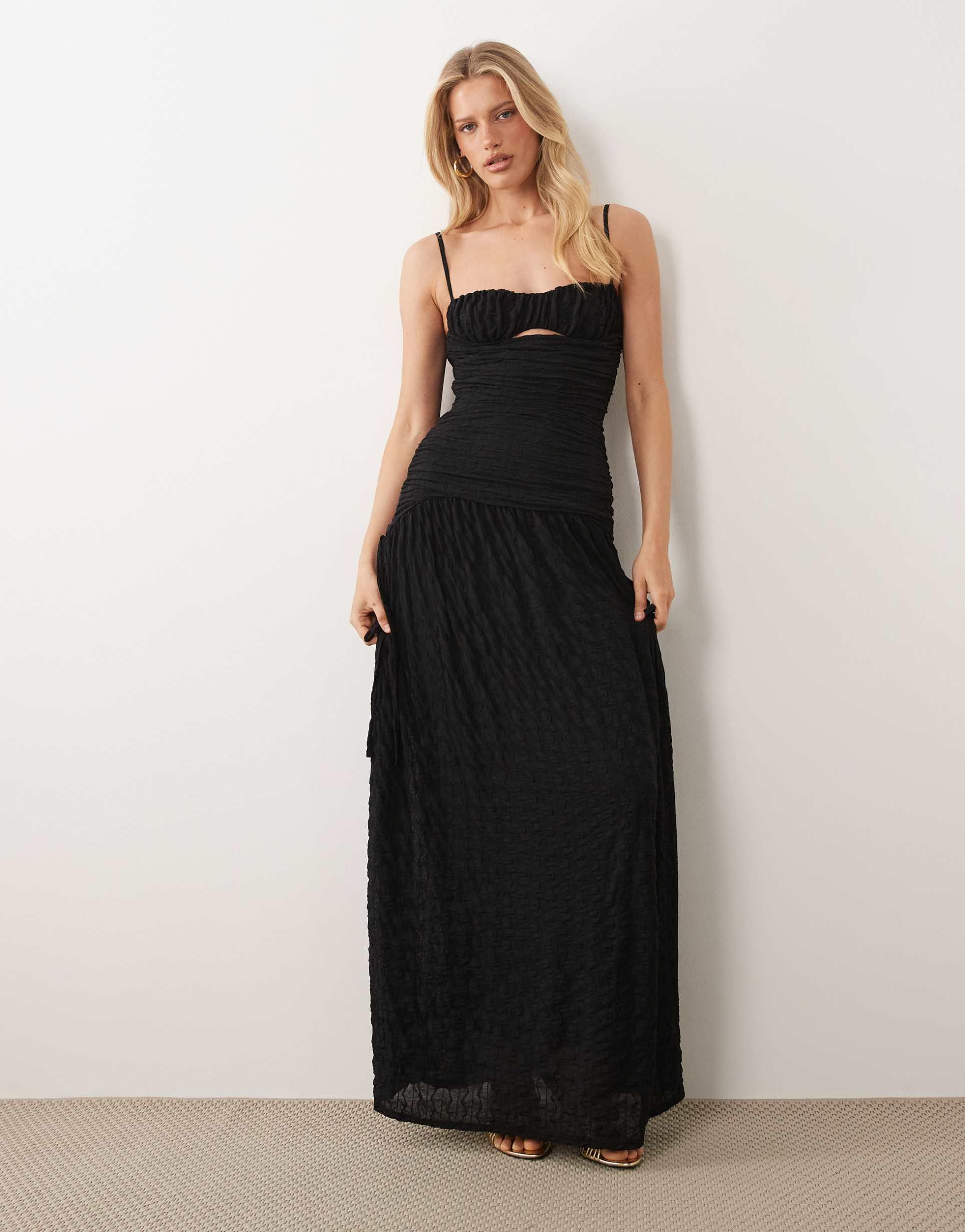 asos design ruched bodice textured mesh maxi dress with tie details in black
