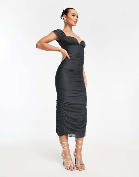 ASOS DESIGN ruched bodycon midi dress in charcoal grey