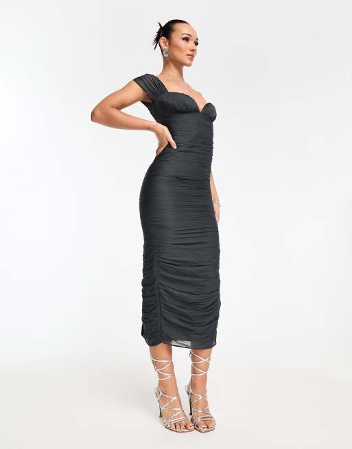 ASOS DESIGN ruched bodycon midi dress in charcoal gray