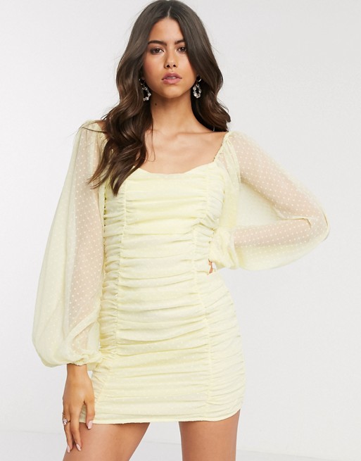 ASOS DESIGN ruched bodycon mini dress with balloon sleeves in dobby