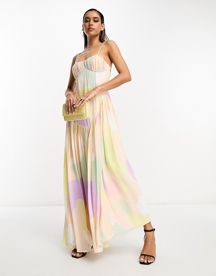 ASOS DESIGN ruched bust backless cami maxi dress with dropped hem in abstract print-Multi