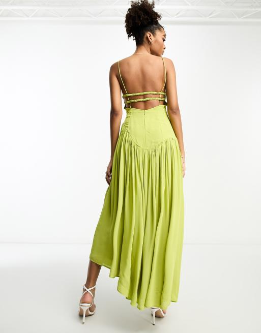 ASOS DESIGN ruched bust backless cami maxi dress with dropped hem in lime  green