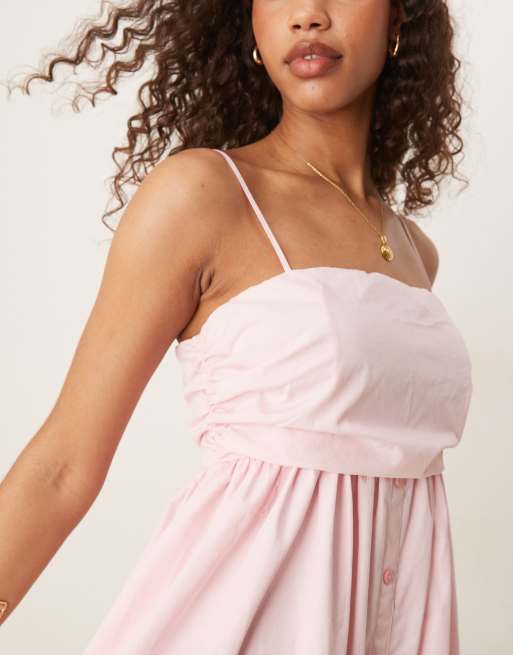 ASOS DESIGN ruched bust button down bandeau maxi dress in baby pink, 2 of 4