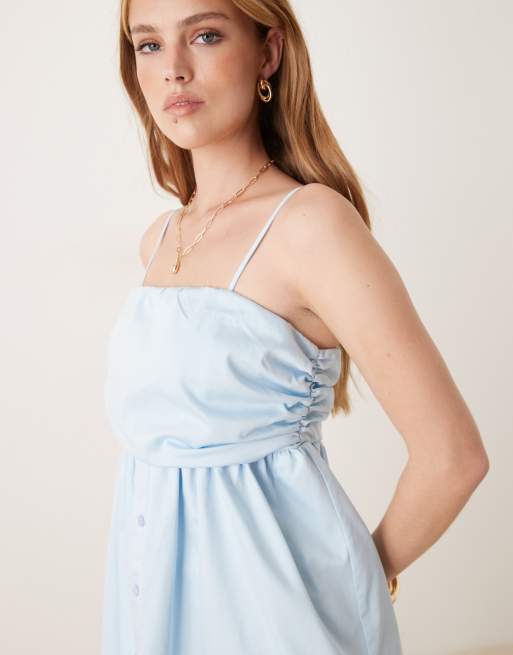 ASOS DESIGN ruched bust button down bandeau mini dress in baby blue, 2 of 4