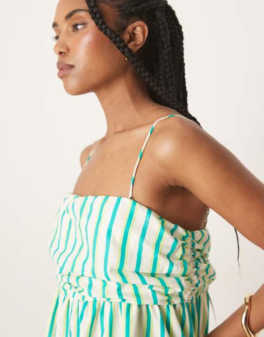 ASOS DESIGN ruched bust button down bandeau mini dress in blue and yellow stripes, 3 of 4