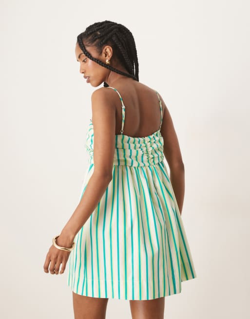 ASOS DESIGN ruched bust button down bandeau mini dress in blue and yellow stripes, 4 of 4