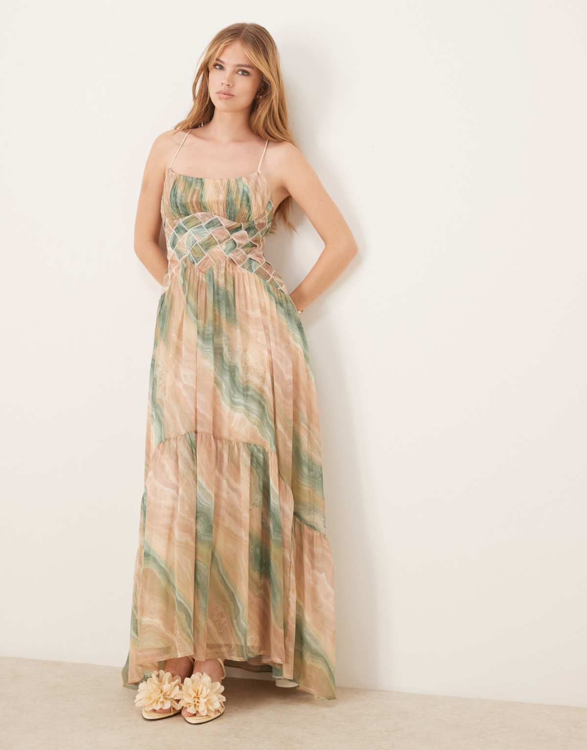 ASOS DESIGN ruched bust cami maxi dress with lattice waist detail in abstract print