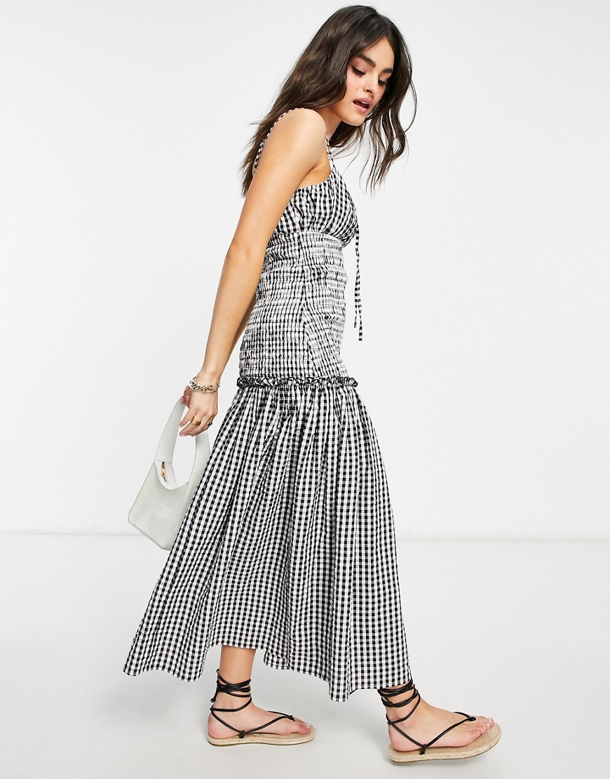 ASOS DESIGN ruched bust cami midi sundress with shirred waist in cotton poplin in gingham-Multi