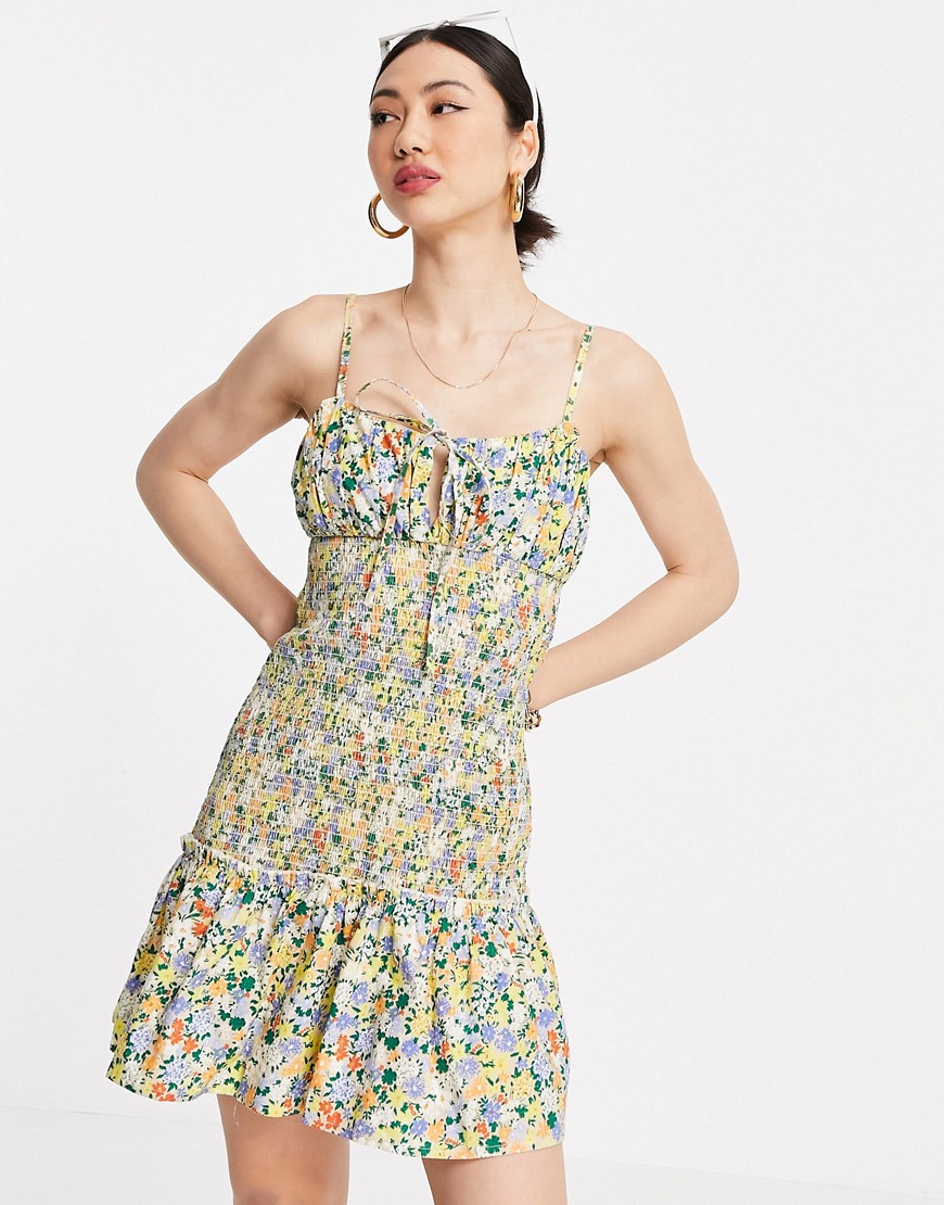 ASOS DESIGN ruched bust cami mini sundress with shirred waist in cotton poplin in floral print-Multi