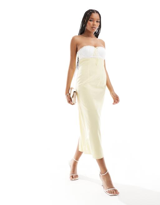 ASOS DESIGN ruched bust contrast midi dress with lace insert in lemon