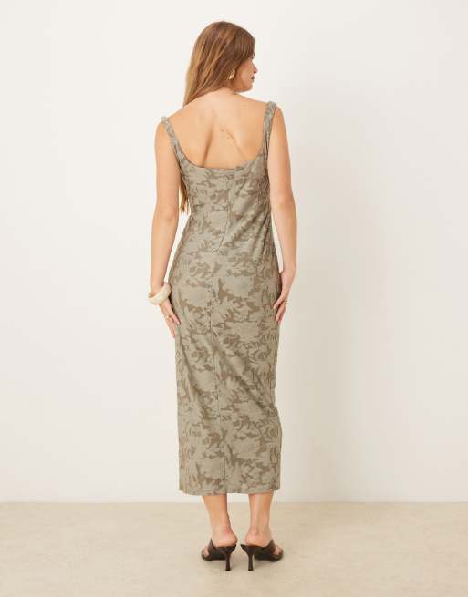 ASOS DESIGN ruched bust corset detail midi dress in burnout khaki green, 3 of 4