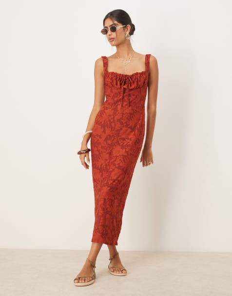 ASOS DESIGN ruched bust corset detail midi dress in rust burnout - view 1