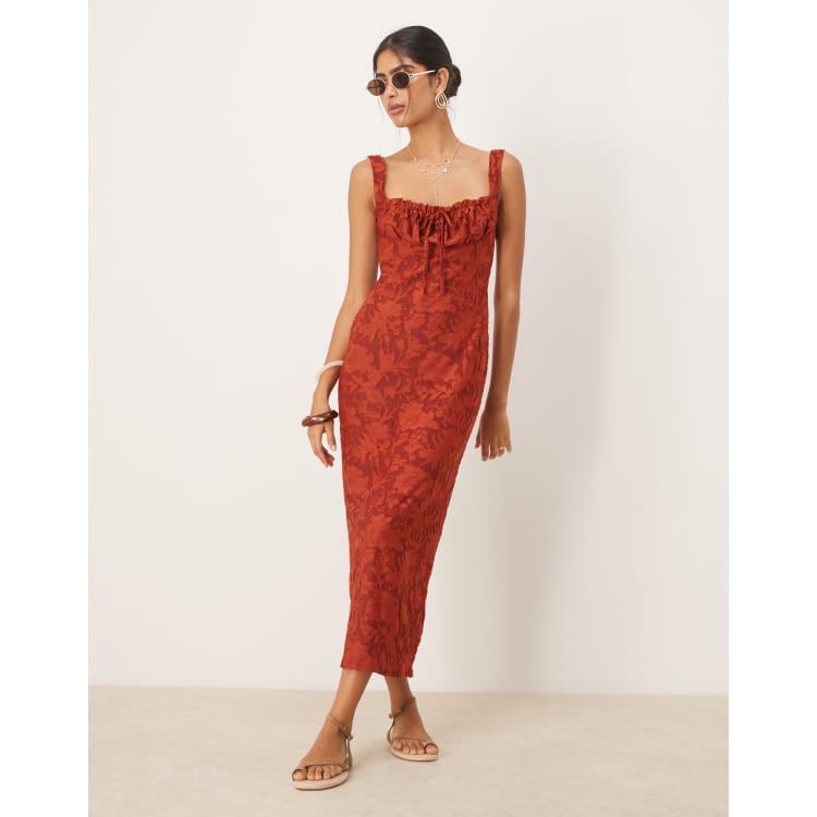 rust ruched midi dress Rust Satin Puffed Sleeve Ruched Midi Dress  STYLE US