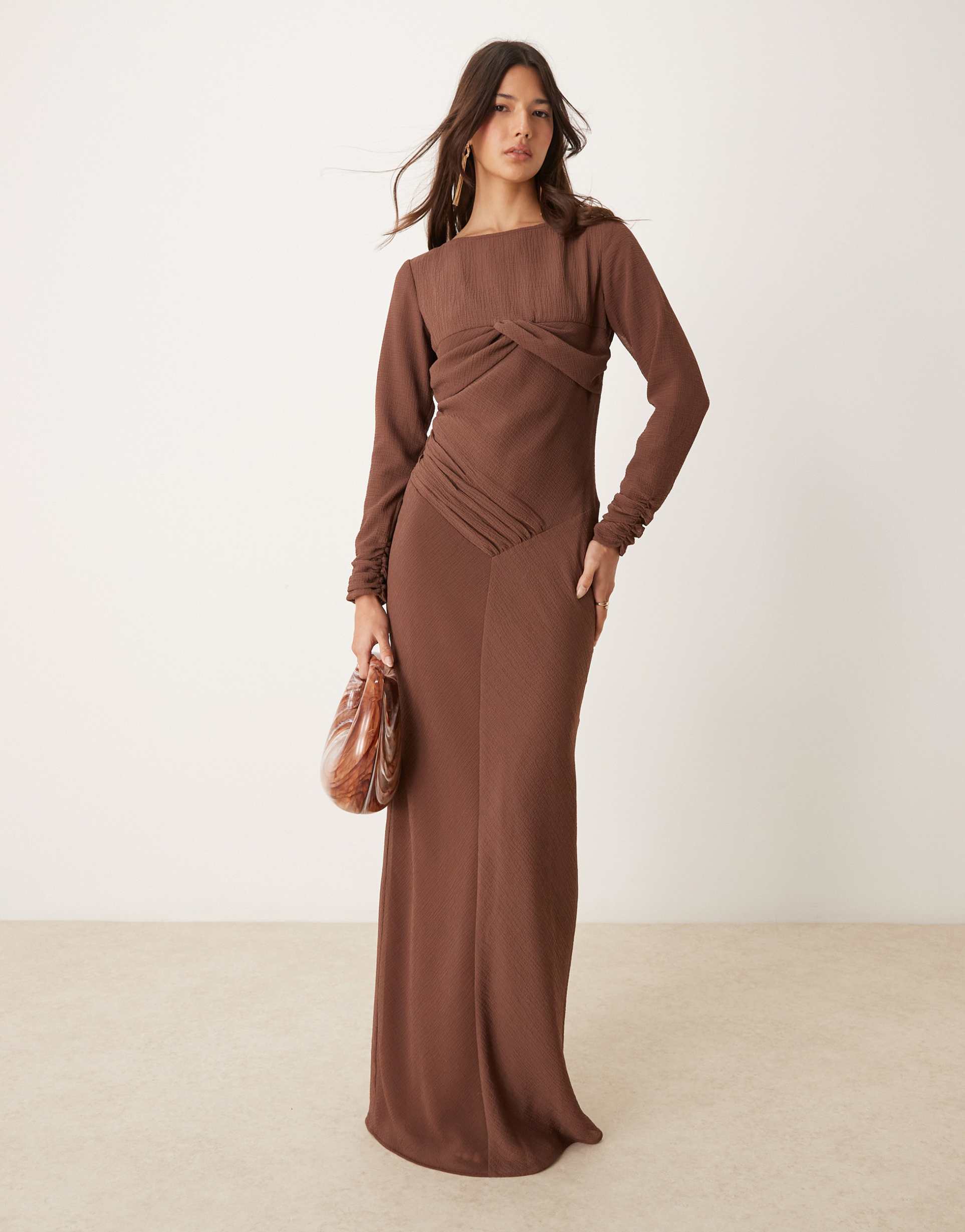 asos design ruched bust crinkle bias maxi dress with gathers in chocolate brown