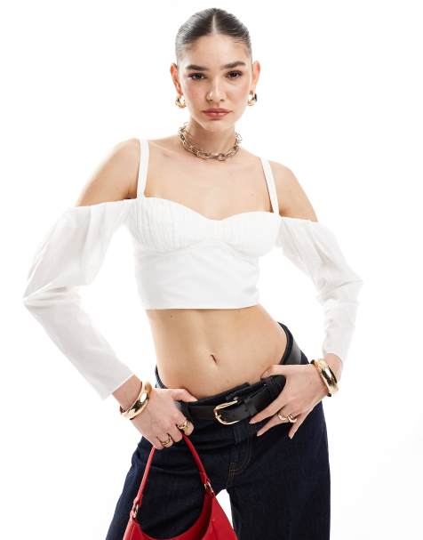 ASOS DESIGN ruched bust crop top with exaggerated sleeves in white - view 1