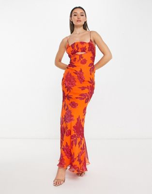 ASOS DESIGN ruched bust cut out bias maxi dress in orange floral print