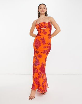 Asos Design Ruched Bust Cut-out Bias Maxi Dress In Orange Floral Print-multi In Multi