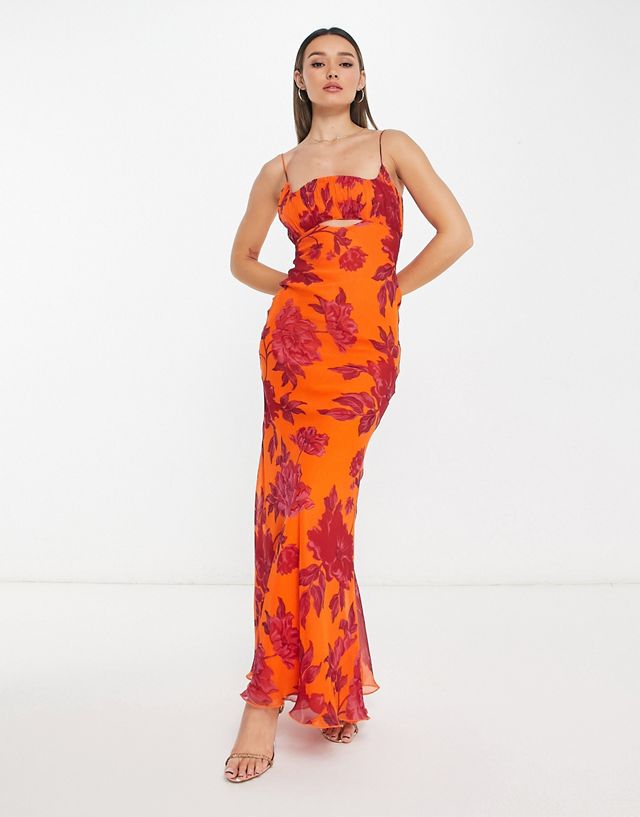 ASOS DESIGN ruched bust cut-out bias maxi dress in orange floral print