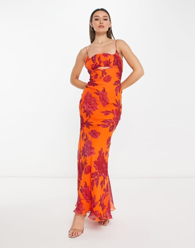 ASOS DESIGN ruched bust cut-out bias maxi dress in orange floral print