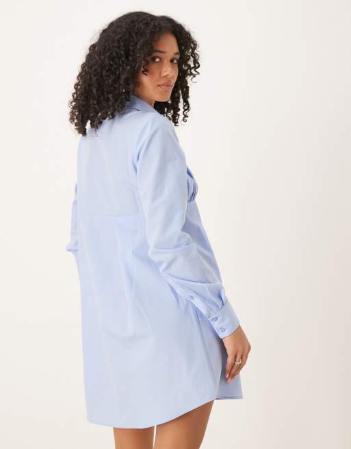 ASOS DESIGN ruched bust detail shirt mini dress in blue, 3 of 4