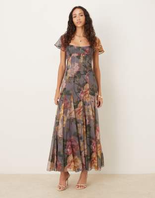 ASOS DESIGN ruched bust flutter sleeve midaxi dress with godets in blue oversized floral print-Multi