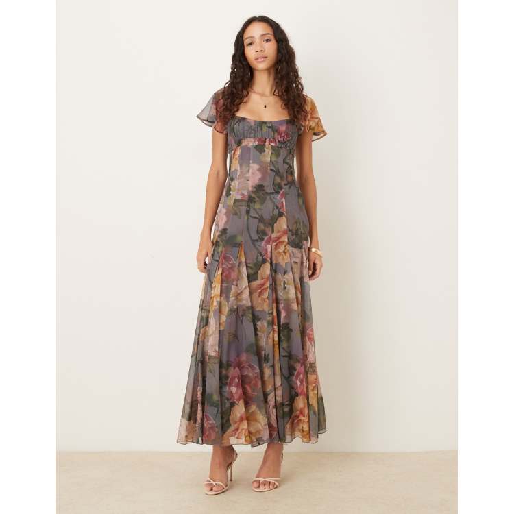 asos flutter sleeve ruched corset dress ASOS DESIGN flutter sleeve ruched corset detail tiered midi dress in mauve