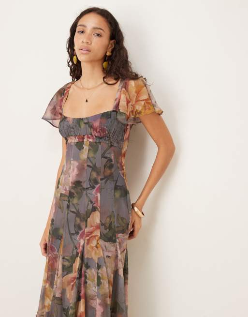 ASOS DESIGN ruched bust flutter sleeve midaxi dress with