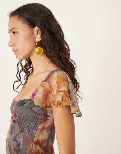 ASOS DESIGN ruched bust flutter sleeve midaxi dress with godets in blue oversized floral print