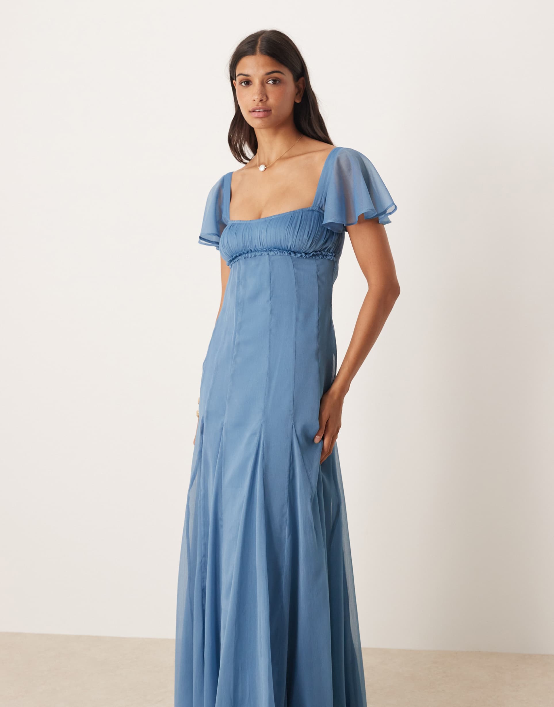 asos design ruched bust flutter sleeve midaxi dress with godets in slate blue