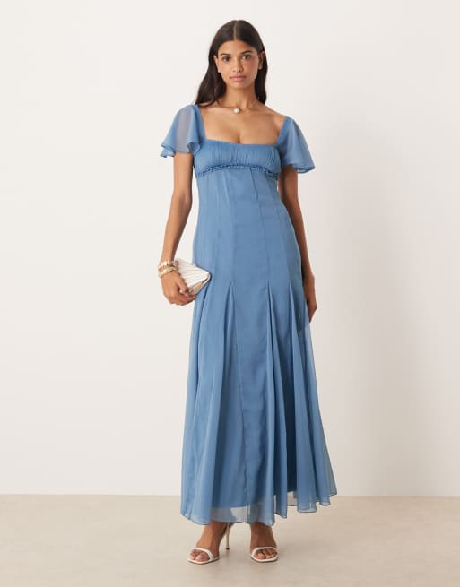 ASOS DESIGN ruched bust flutter sleeve midaxi dress with godets in slate blue