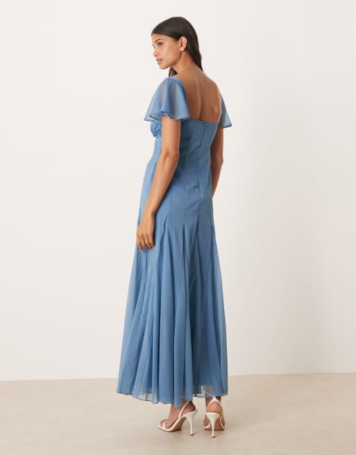 ASOS DESIGN ruched bust flutter sleeve midaxi dress with godets in slate blue