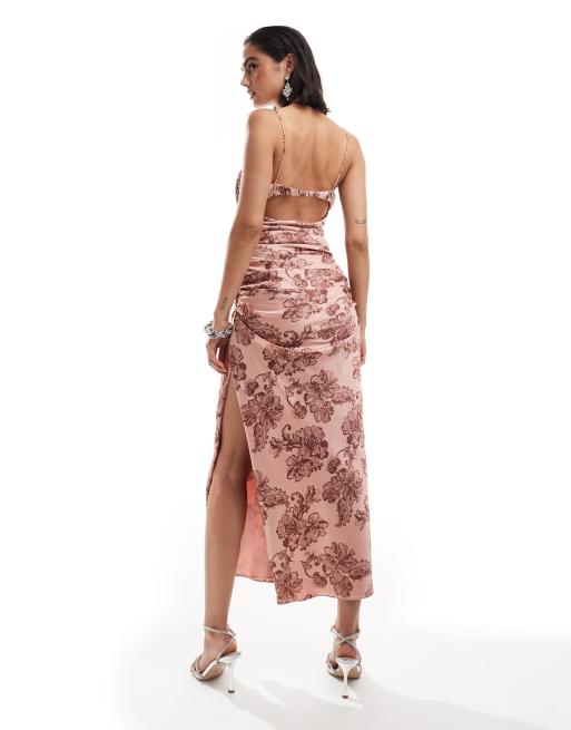 ASOS DESIGN ruched bust gathered satin cami midi dress in rust floral print