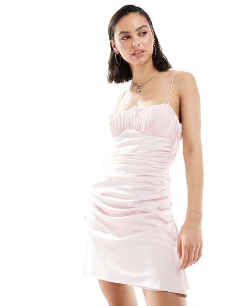 ASOS DESIGN ruched bust gathered satin cami mini dress in soft pink - view 1