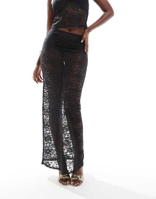 ASOS DESIGN ruched bust halter top and maxi skirt set in black lace