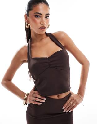 Asos Design Ruched Bust Halter Top In Chocolate - Part Of A Set-brown