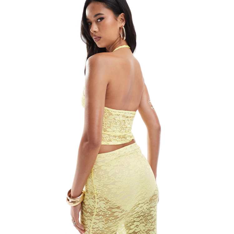 ASOS DESIGN ruched bust halter top & skirt set in yellow