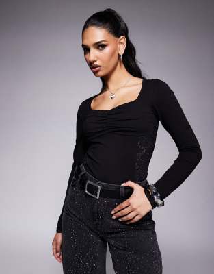 Asos Design Ruched Bust Long Sleeve Lace Panel Bodysuit In Black