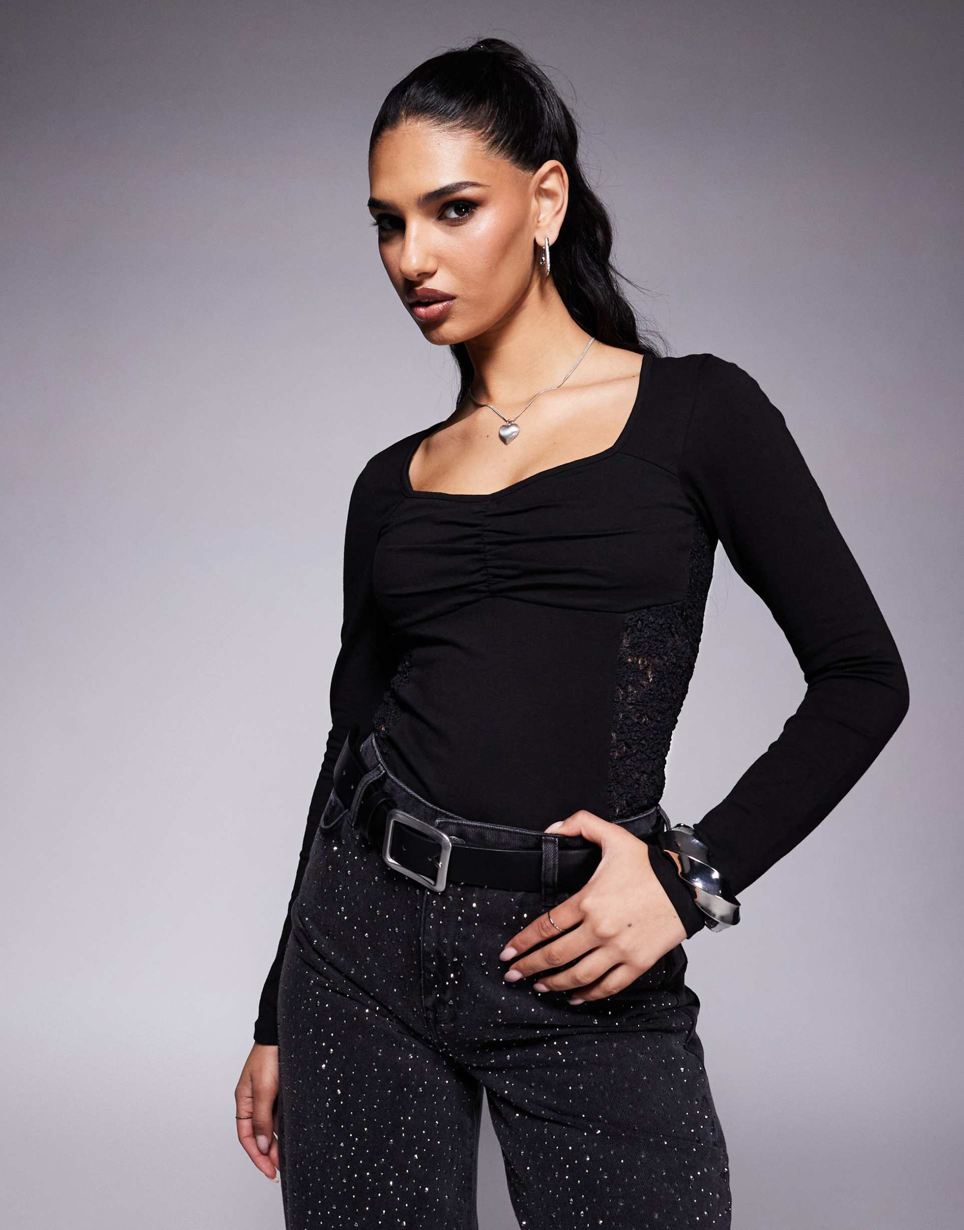 asos design ruched bust long sleeve lace panel bodysuit in black