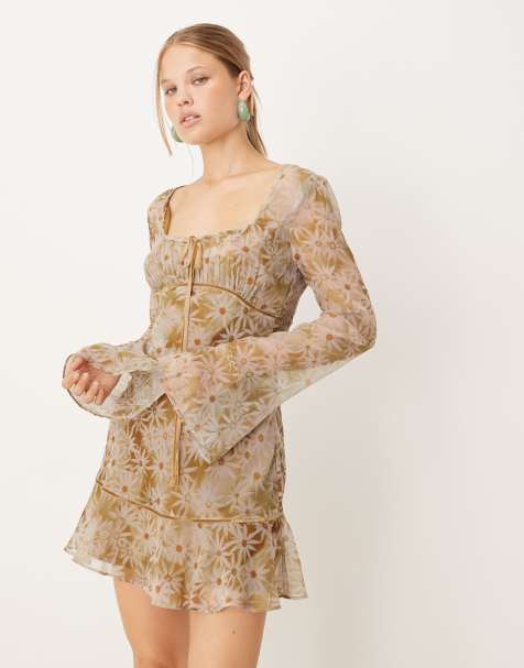 ASOS DESIGN ruched bust long sleeve mini dress in blue floral print - view 1