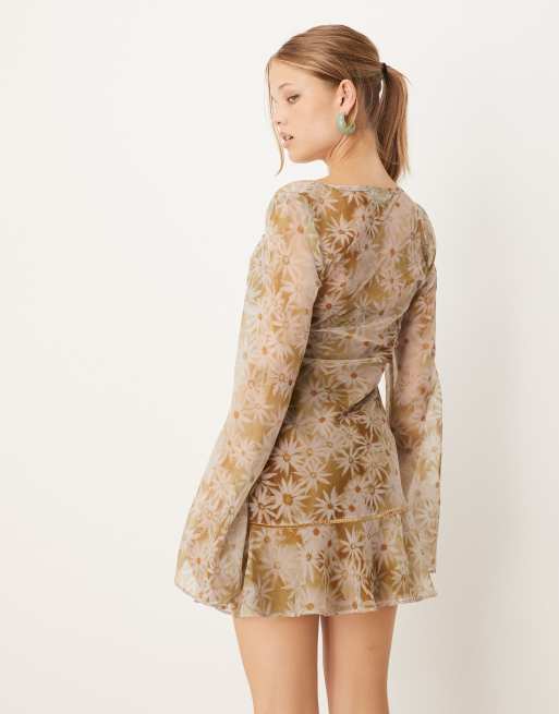 ASOS DESIGN ruched bust long sleeve mini dress in blue floral print, 4 of 4