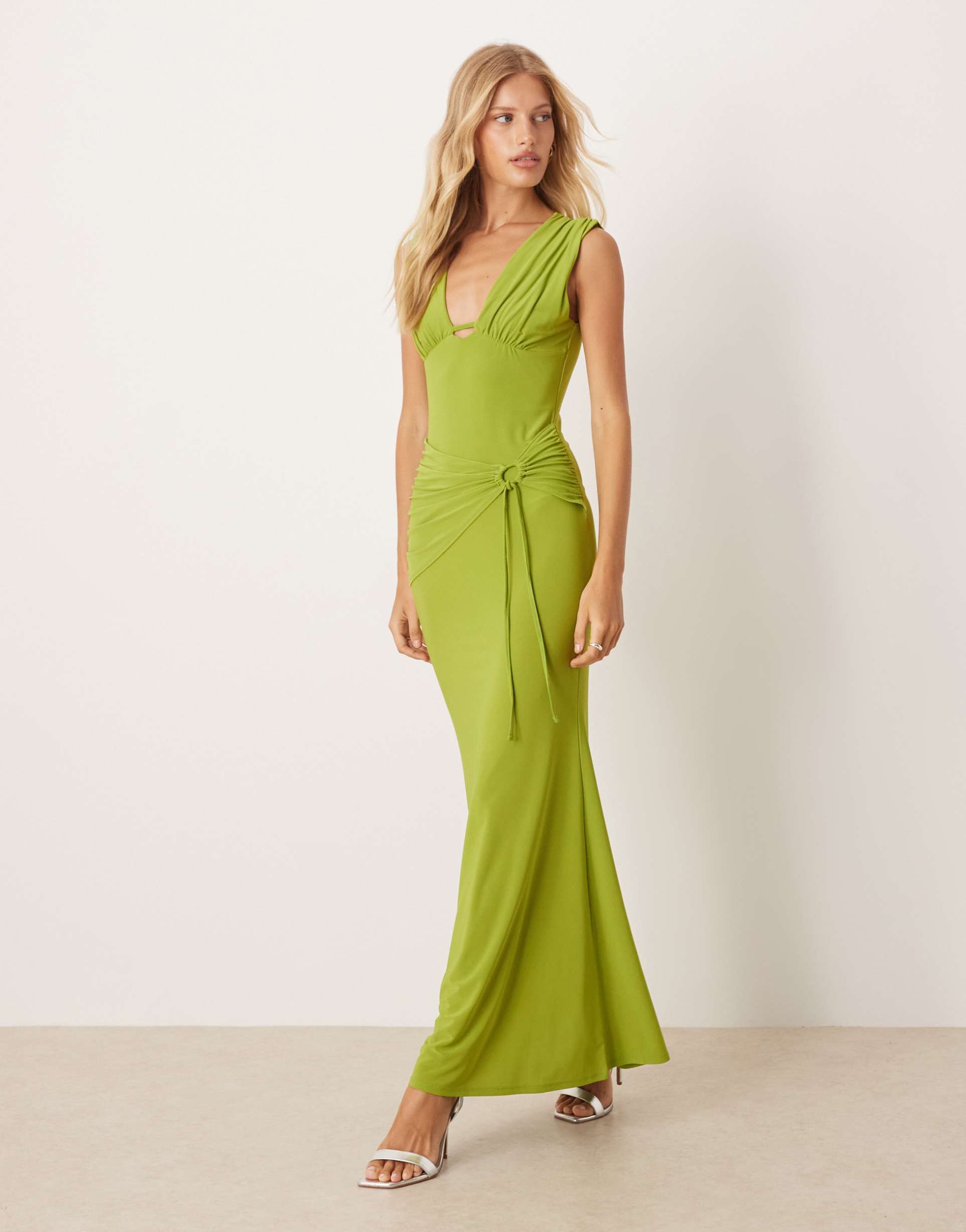 asos design ruched bust maxi dress with plunge neck & drape detail in green