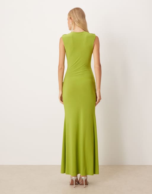 ASOS DESIGN ruched bust maxi dress with plunge neck & drape detail n green, 3 of 4