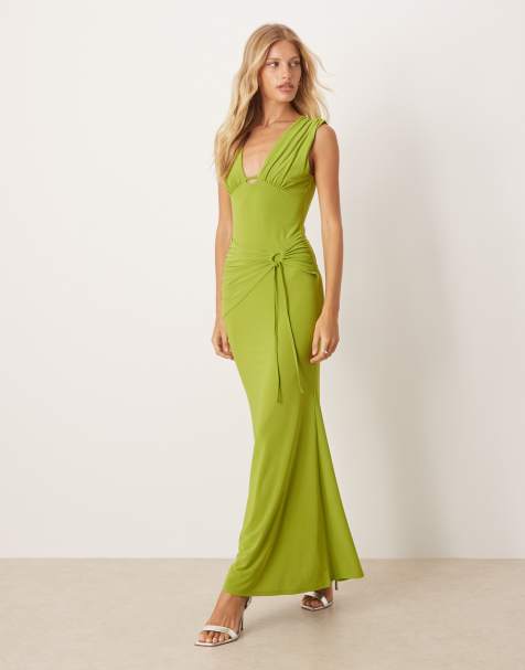 ASOS DESIGN ruched bust maxi dress with plunge neck i& drape detail n green - view 1
