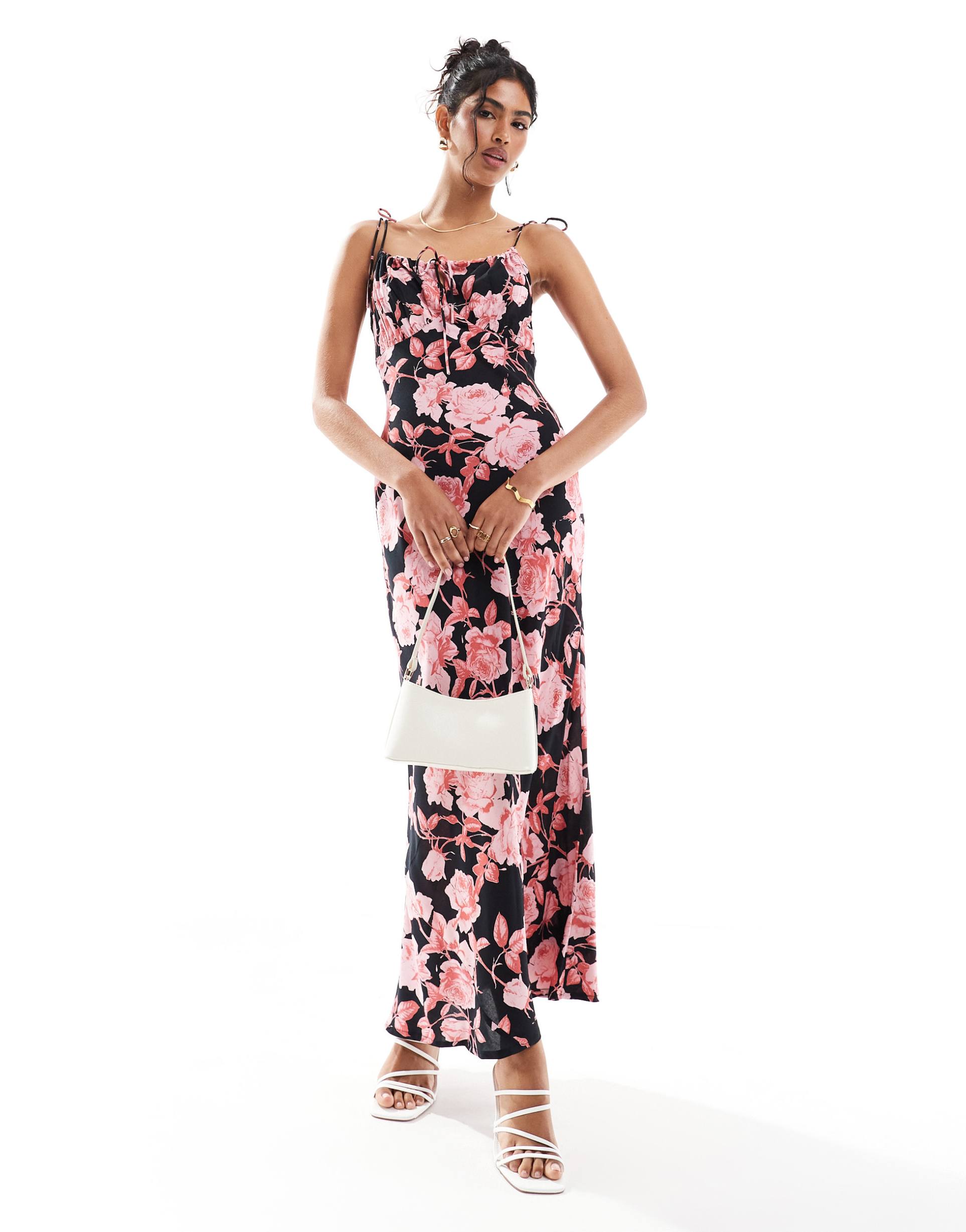 asos design ruched bust maxi slip dress in black based floral print