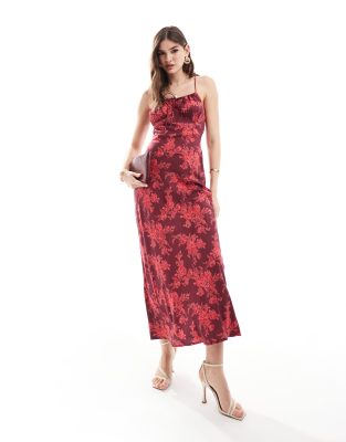 Asos Design Ruched Bust Maxi Slip Dress In Burgundy Based Floral Print-multi