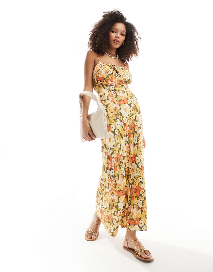 ruched bust maxi slip dress in mustard floral print-Multi