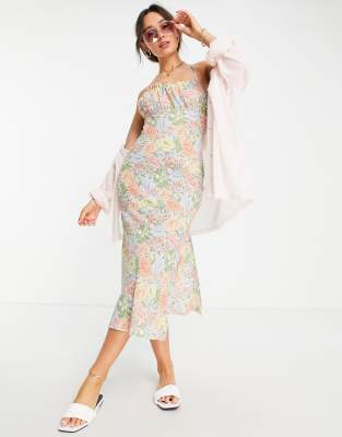 ASOS DESIGN ruched bust maxi slip dress with open back in large floral print