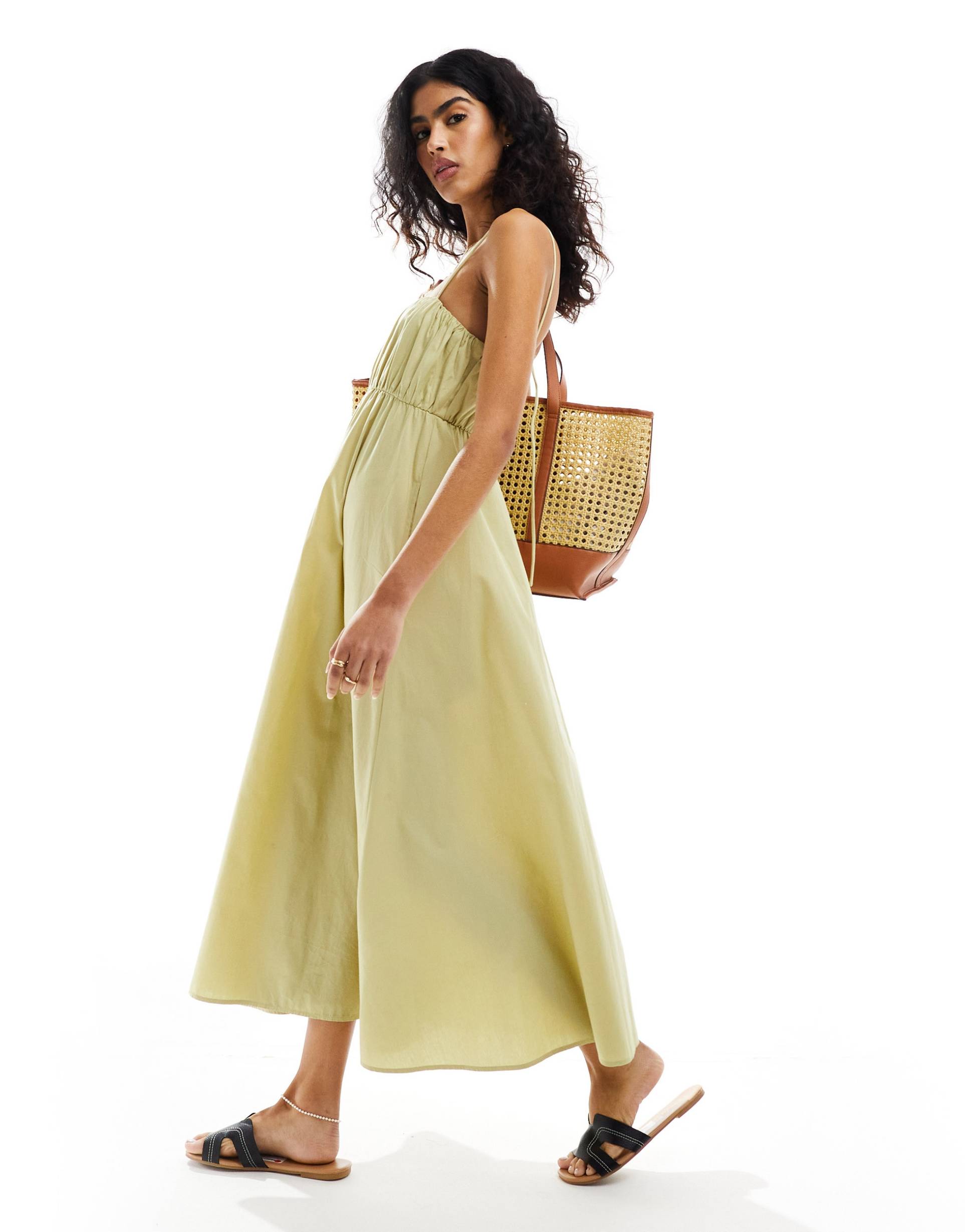 asos design ruched bust maxi sundress with adjustable straps in olive