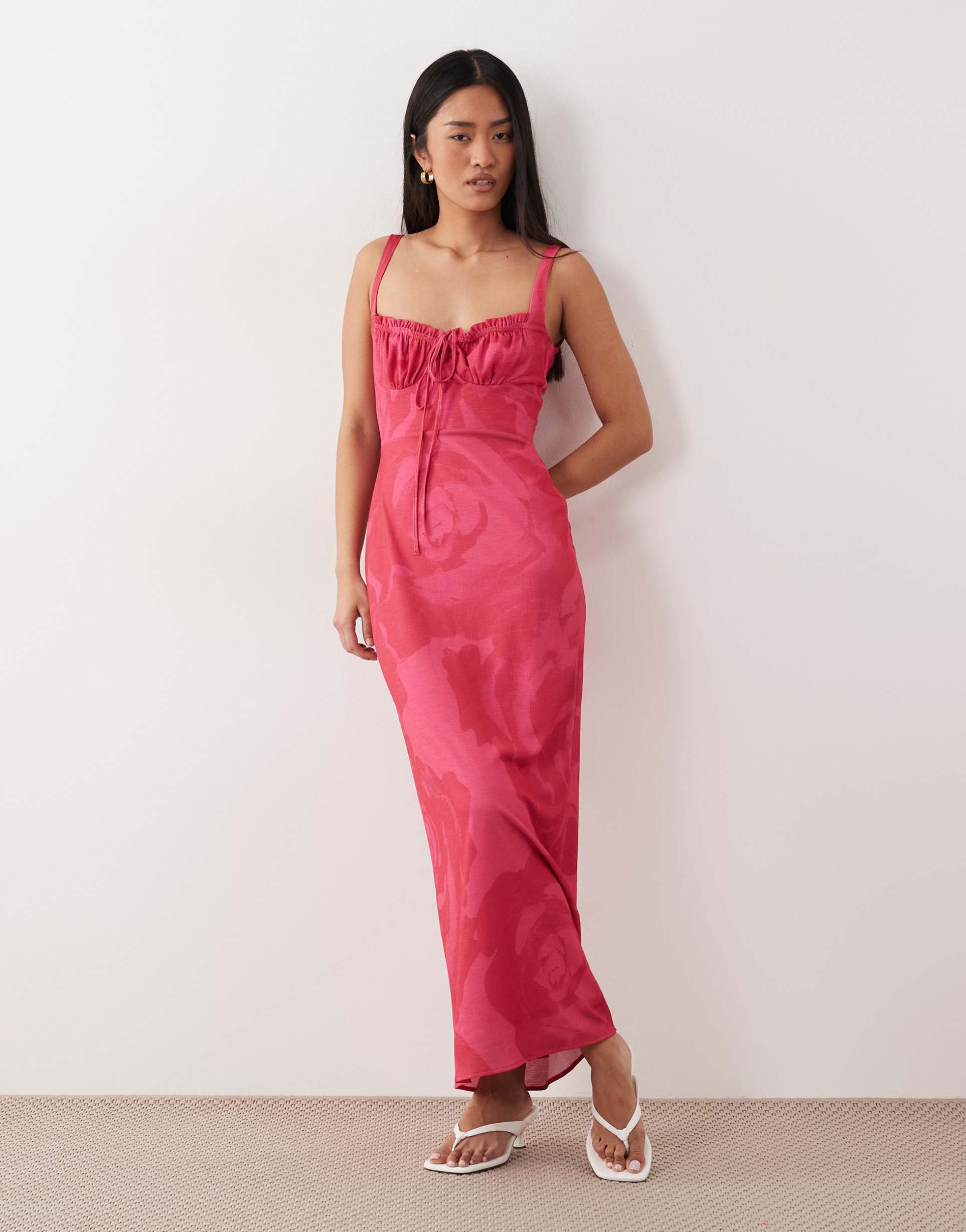 asos design ruched bust midi dress in bright print floral